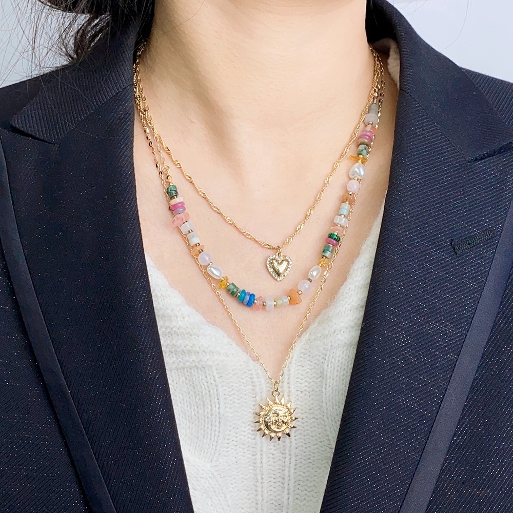 New Product Ideas multi layered link chain colorful stone beads diamond heart sun pendant necklace for women