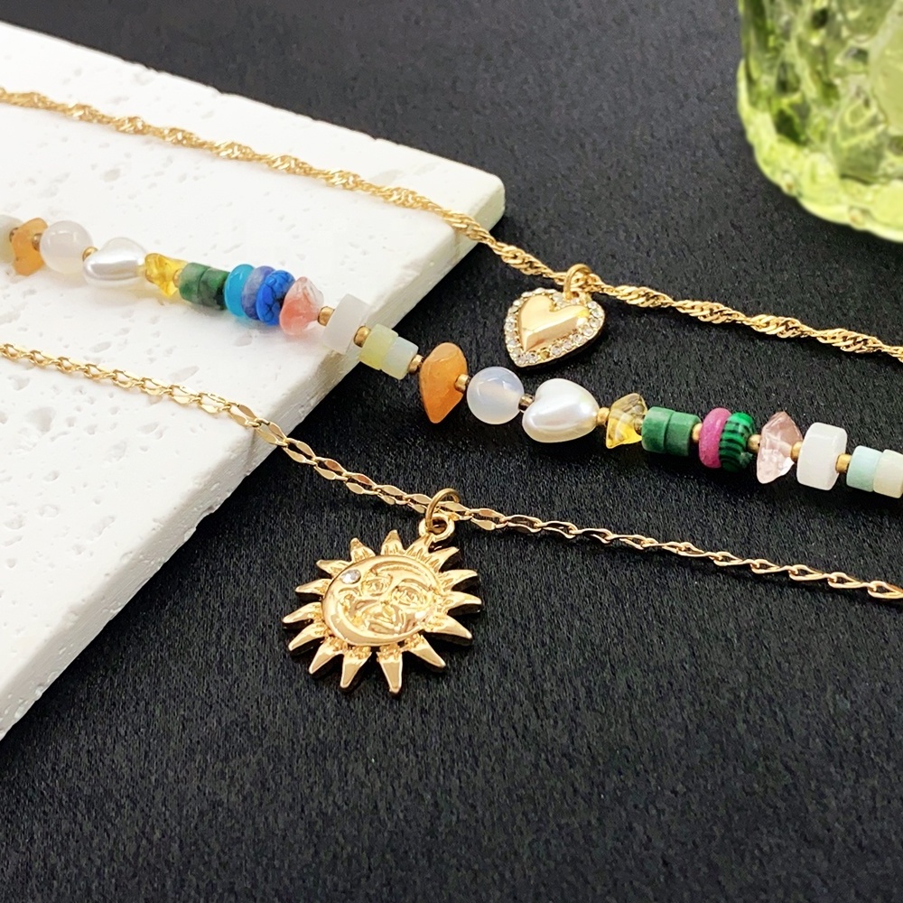 New Product Ideas multi layered link chain colorful stone beads diamond heart sun pendant necklace for women