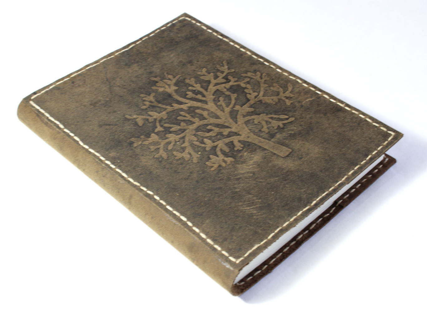 Office Supply Brown Color Old Tree Of Life Design Embossed Front Cover With Machine Stitch Refillable Leather Journal