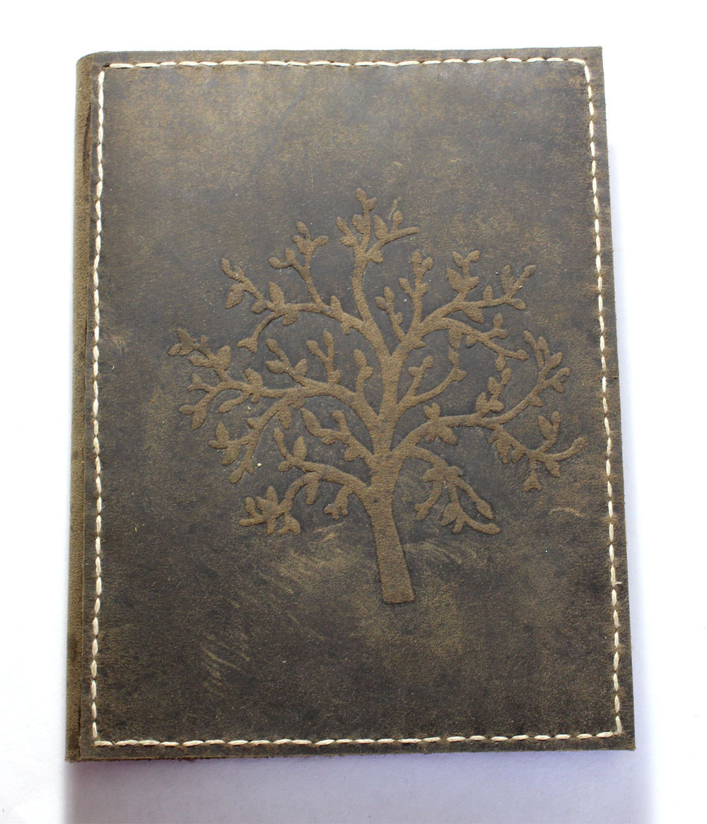 Office Supply Brown Color Old Tree Of Life Design Embossed Front Cover With Machine Stitch Refillable Leather Journal