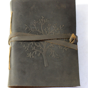 Genuine Leather Journal Black Color Old Tree Of Life Design Embossed Front Cover With Matching Strap Hand Crafted Diary