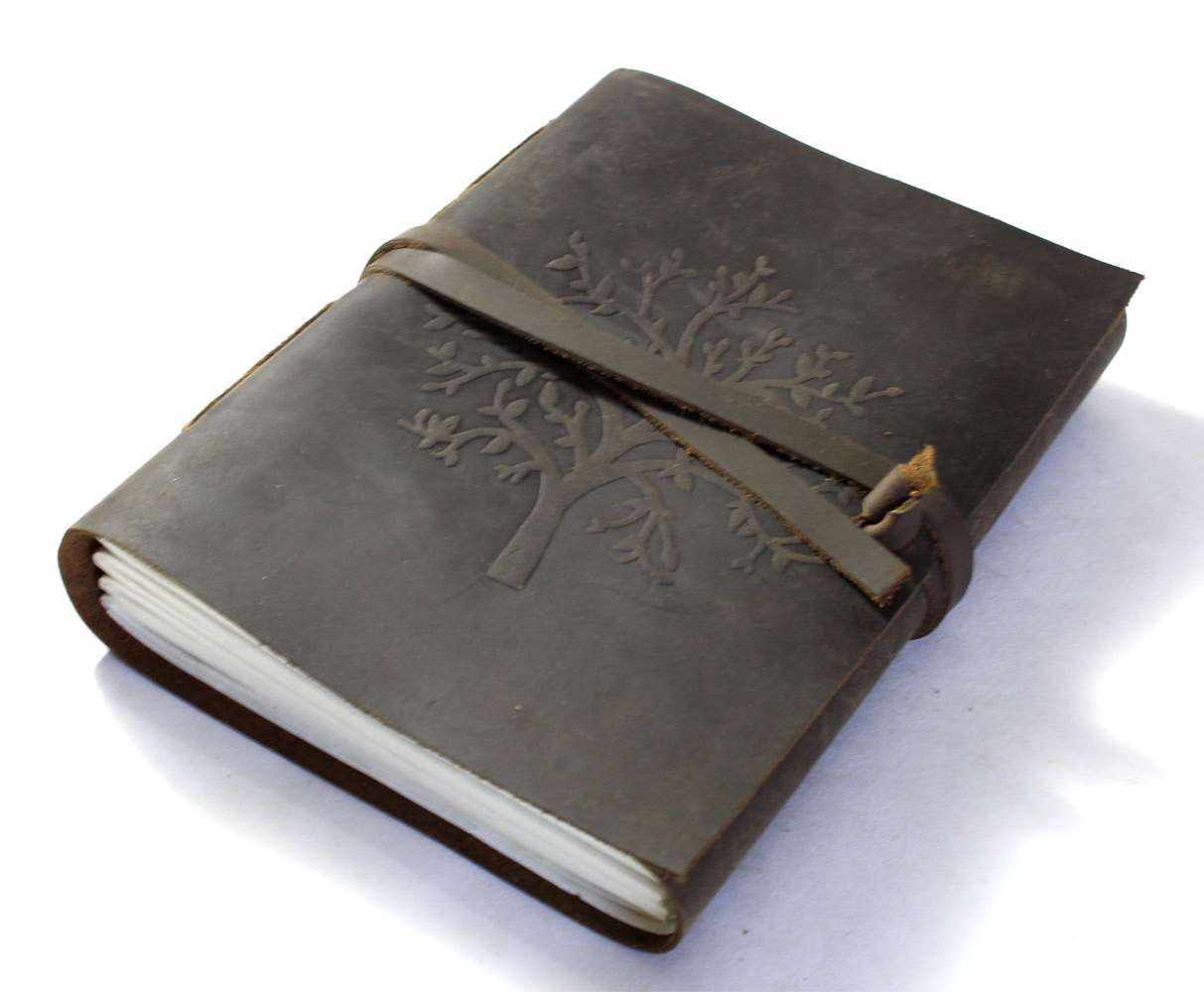 Genuine Leather Journal Black Color Old Tree Of Life Design Embossed Front Cover With Matching Strap Hand Crafted Diary