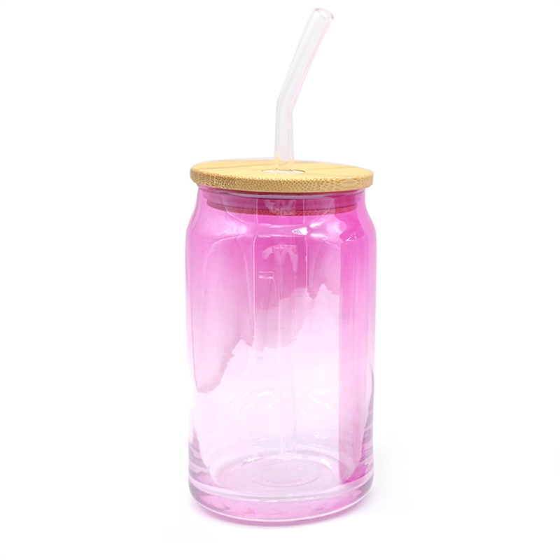 2024 Sublimation glass single double layer Mason cup bamboo straw cups Gradient glass frosted clear can