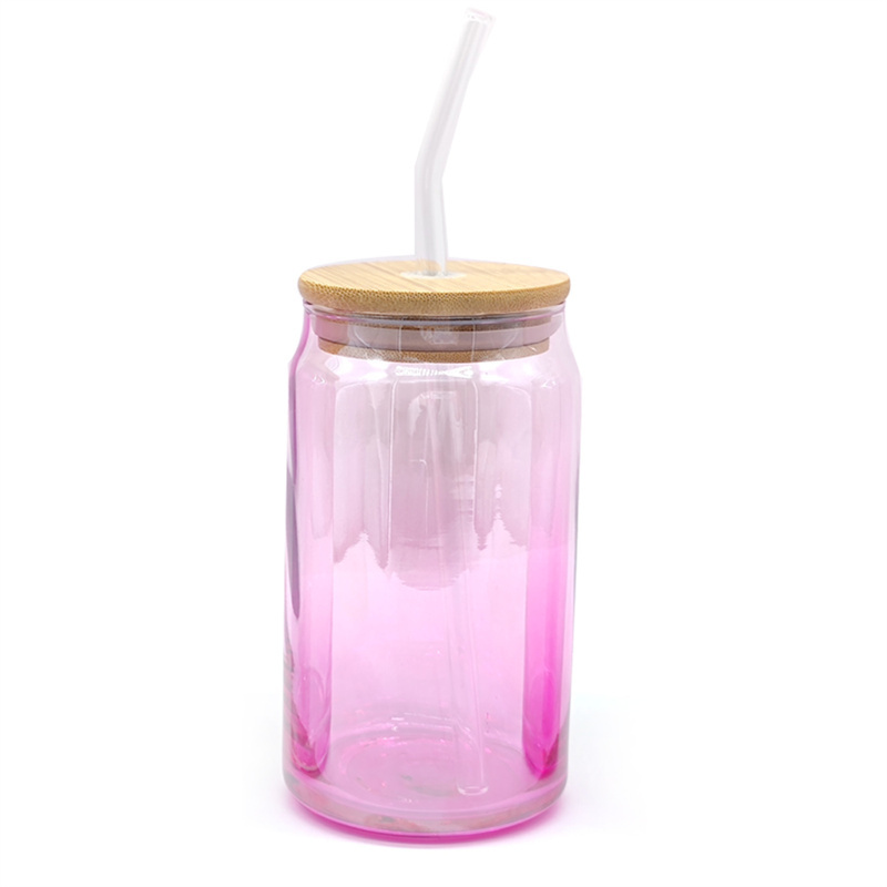 2024 Sublimation glass single double layer Mason cup bamboo straw cups Gradient glass frosted clear can