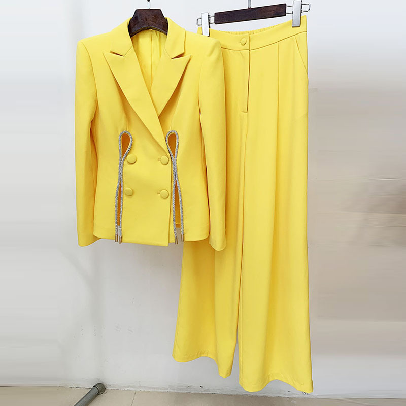 New Fashion Ladies Tuxedo Suits Double Breasted Full Sleeve Women Blazer Suits Yellow