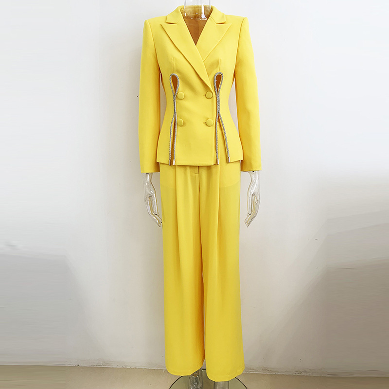 New Fashion Ladies Tuxedo Suits Double Breasted Full Sleeve Women Blazer Suits Yellow