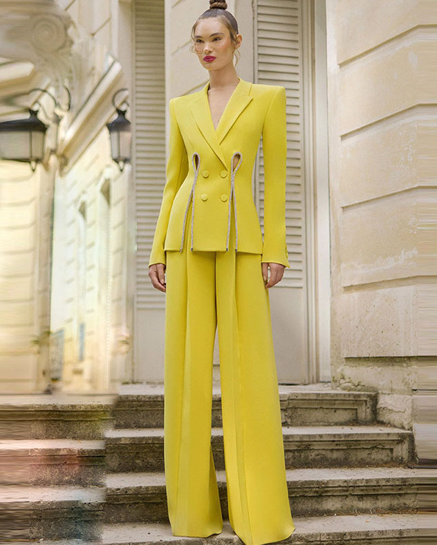 New Fashion Ladies Tuxedo Suits Double Breasted Full Sleeve Women Blazer Suits Yellow