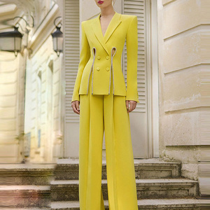 New Fashion Ladies Tuxedo Suits Double Breasted Full Sleeve Women Blazer Suits Yellow