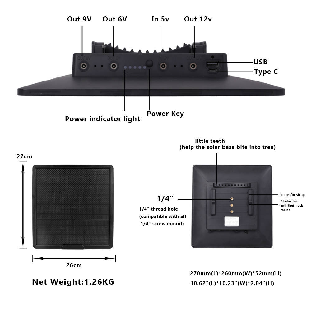 10W Power Bank Solar Charger Built-in Lithium Battery 25000mAh Solar Panel Kit for Hunting Trail Cams Photo Traps Mobile Phone