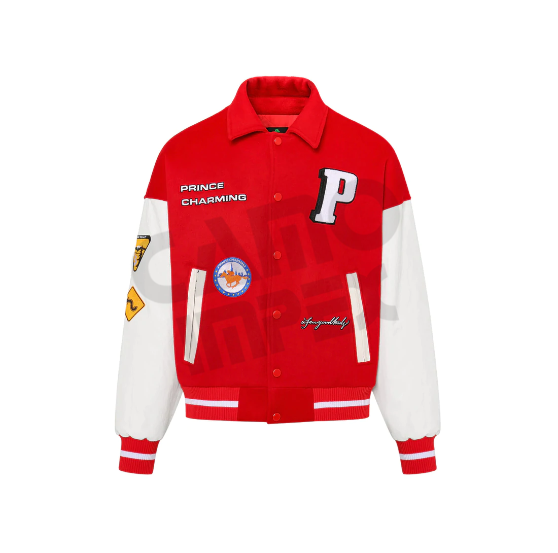 Men Custom 80% Polyester, 10% Polyurethane, 10% Acrylic Elastic Band Comfortable Red Color With Leather Sleeve Varsity jacket