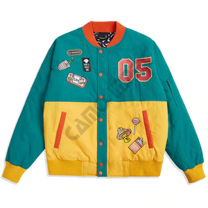 Men Custom Relaxed Fit Baseball Collar Drop Shoulder Embroidered Graphics At Front Back & Sleeve Green & Yellow Varsity Jacket