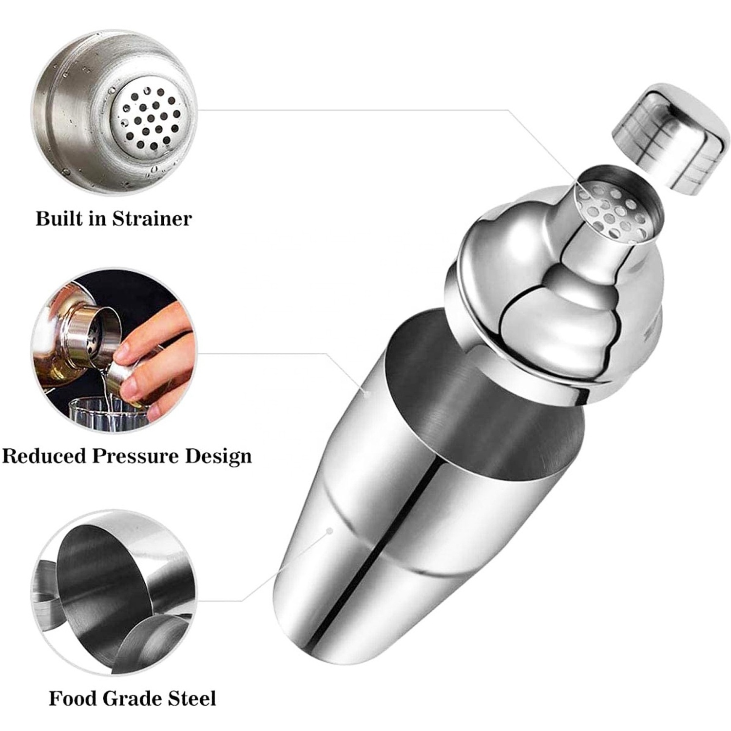 Camol Factory RTS Stainless Steel Cocktail Shaker 25oz(750ml) Bar tools Built-In Bartender Strainer Martini Shaker Cup