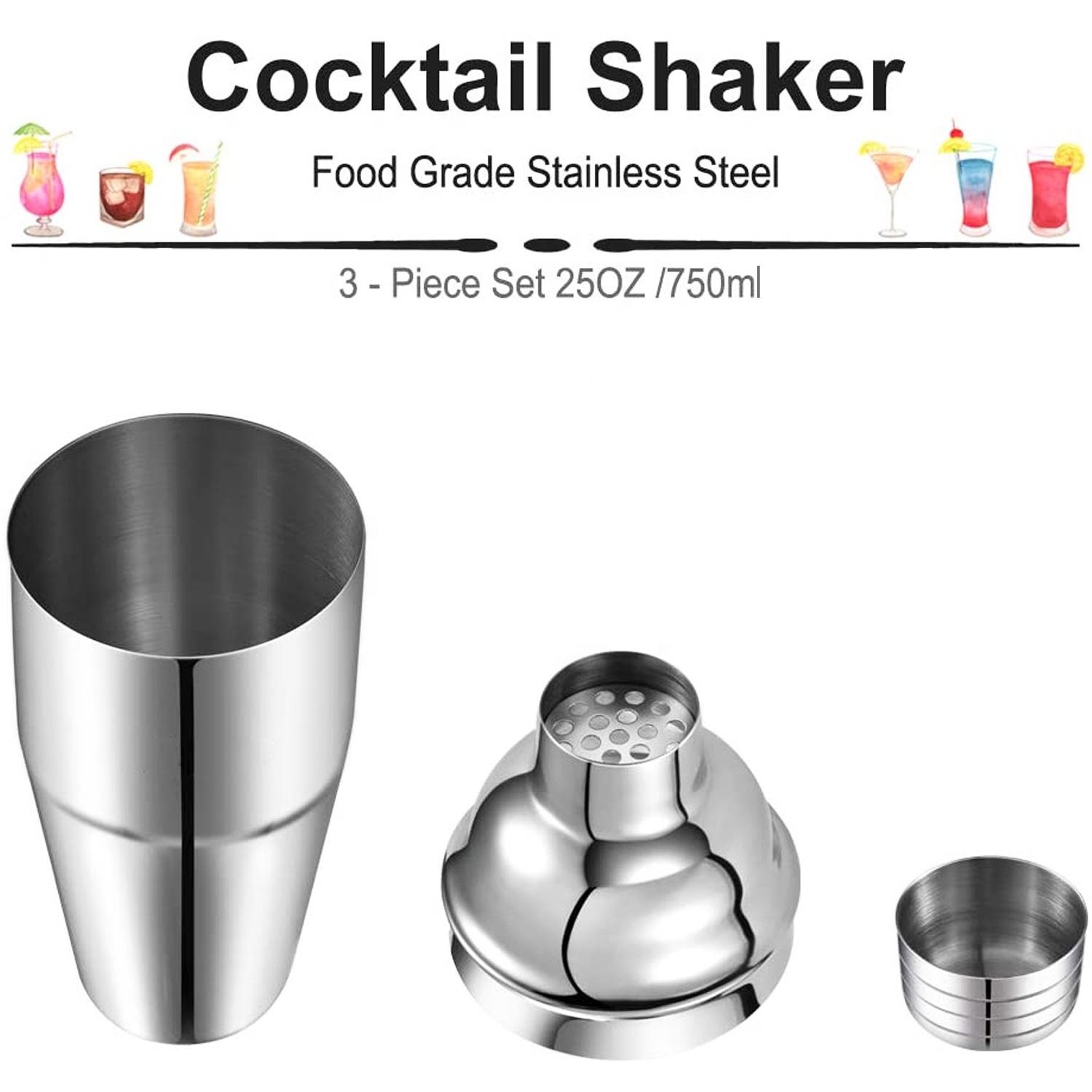 Camol Factory RTS Stainless Steel Cocktail Shaker 25oz(750ml) Bar tools Built-In Bartender Strainer Martini Shaker Cup