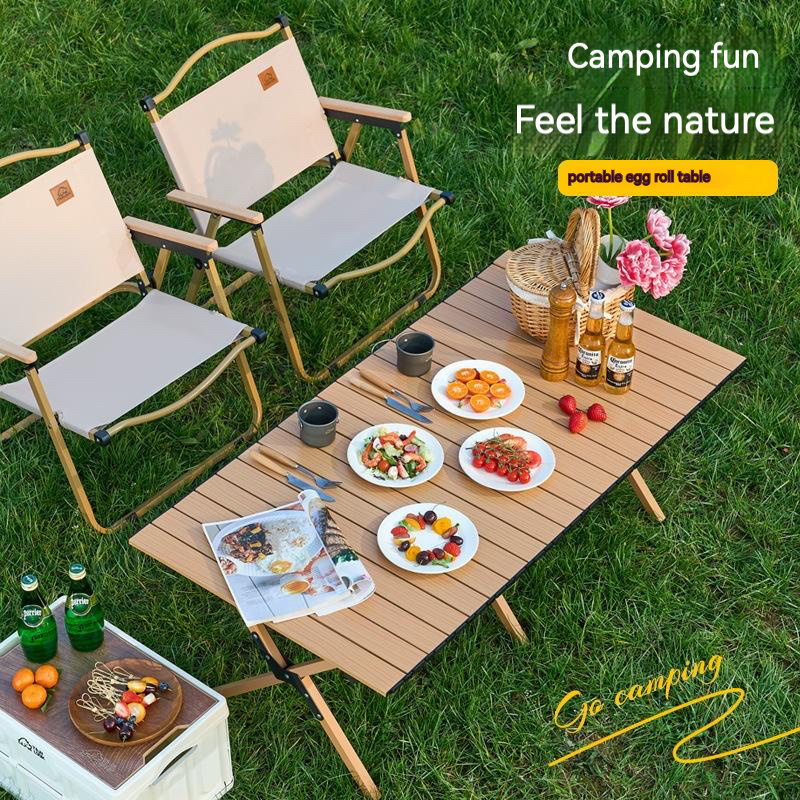 OEM Customized Ultralight Roll Wood  Camping Kitchen Table And Stools Foldable Aluminium Outdoor Camping Table And Chair Set