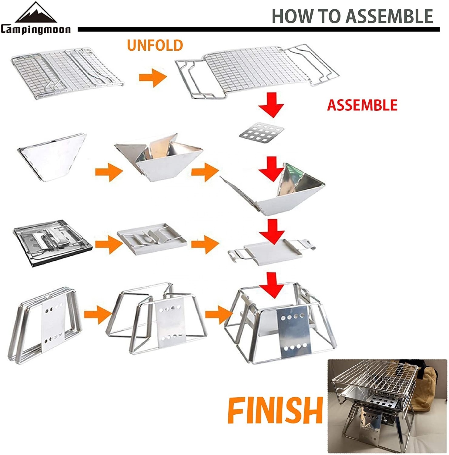 Campingmoon Outdoor Camping Bbq Charcoal Grill Vertical Adjustable Bbq Grill Machine Foldable Portable Stainless steel Bbq Grill