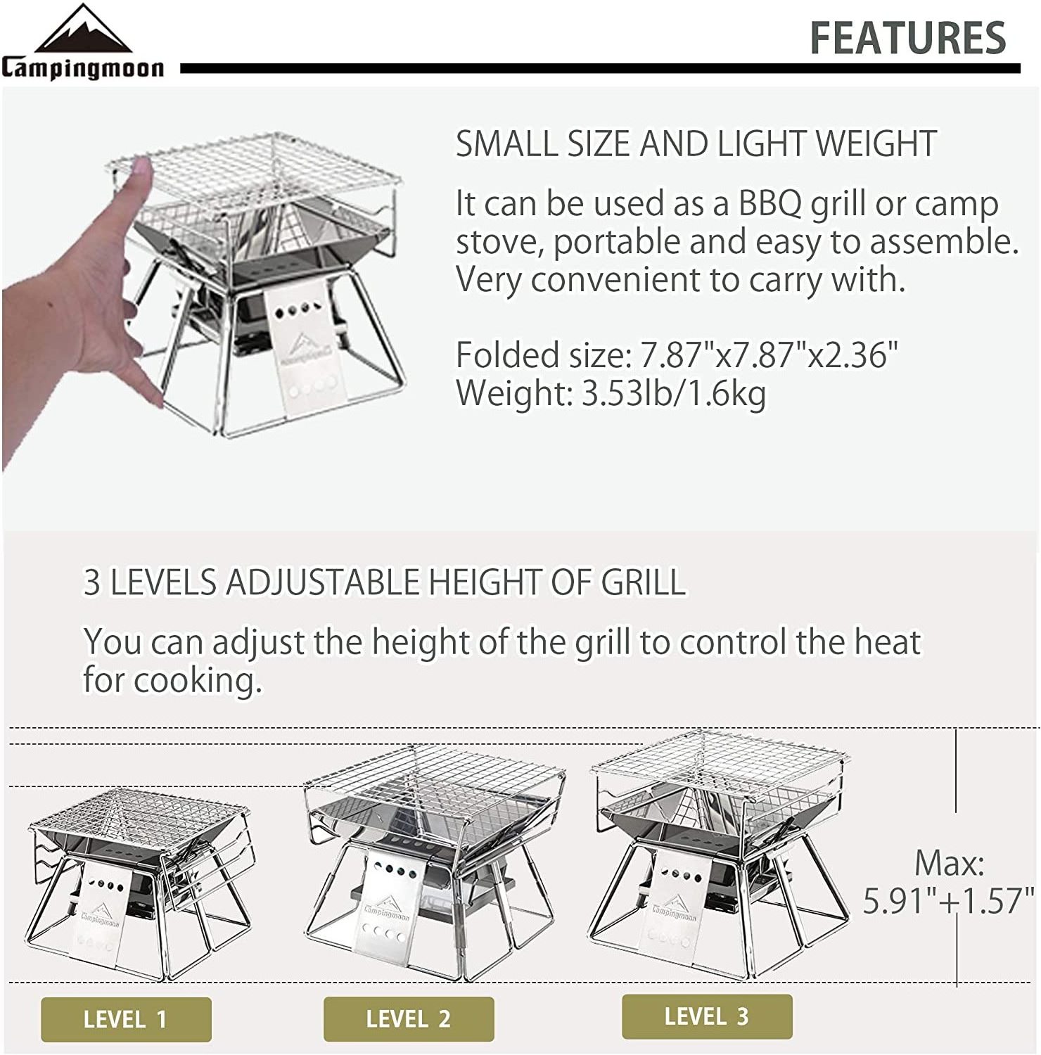 Campingmoon Outdoor Camping Bbq Charcoal Grill Vertical Adjustable Bbq Grill Machine Foldable Portable Stainless steel Bbq Grill