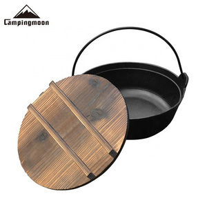 Campfire Cookware Hanging Pot Camping Grill Outdoor Cooking Pot Cast Iron Soup Pot With Wooden Lid