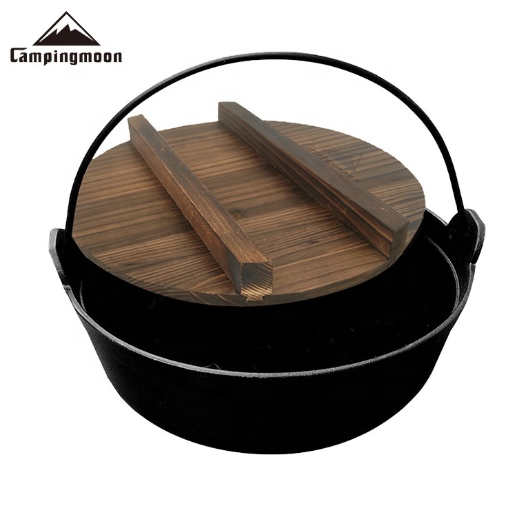 Campfire Cookware Hanging Pot Camping Grill Outdoor Cooking Pot Cast Iron Soup Pot With Wooden Lid