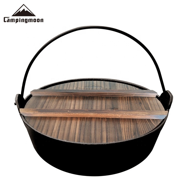 Campfire Cookware Hanging Pot Camping Grill Outdoor Cooking Pot Cast Iron Soup Pot With Wooden Lid