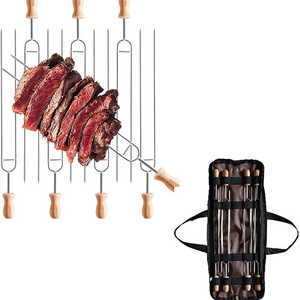 BBQ Skewers Stainless Steel Fork Outdoor Camping Hiking Portable Food Grade Wooden Handle BBQ Fork