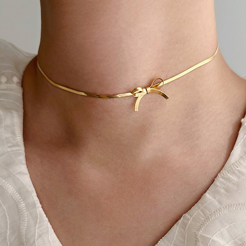 Stainless Steel Snake Chain Bow Necklace 18K PVD Gold Plated Choker Necklace Jewelry for Women Collares de acero inoxidable