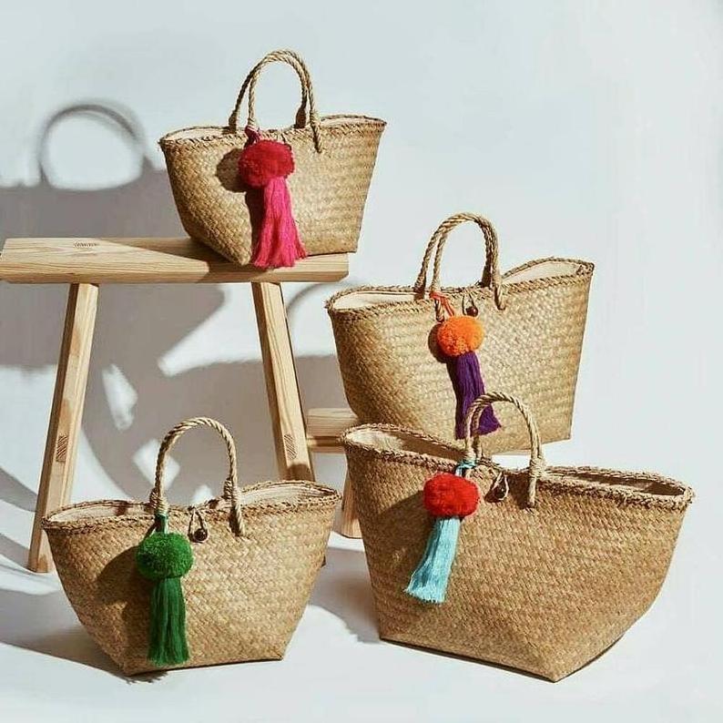 Plain Pom Pom Straw Bag Wholesale Summer Wicker Beach Tote Customized Bride Straw Beach Bags with Tassel