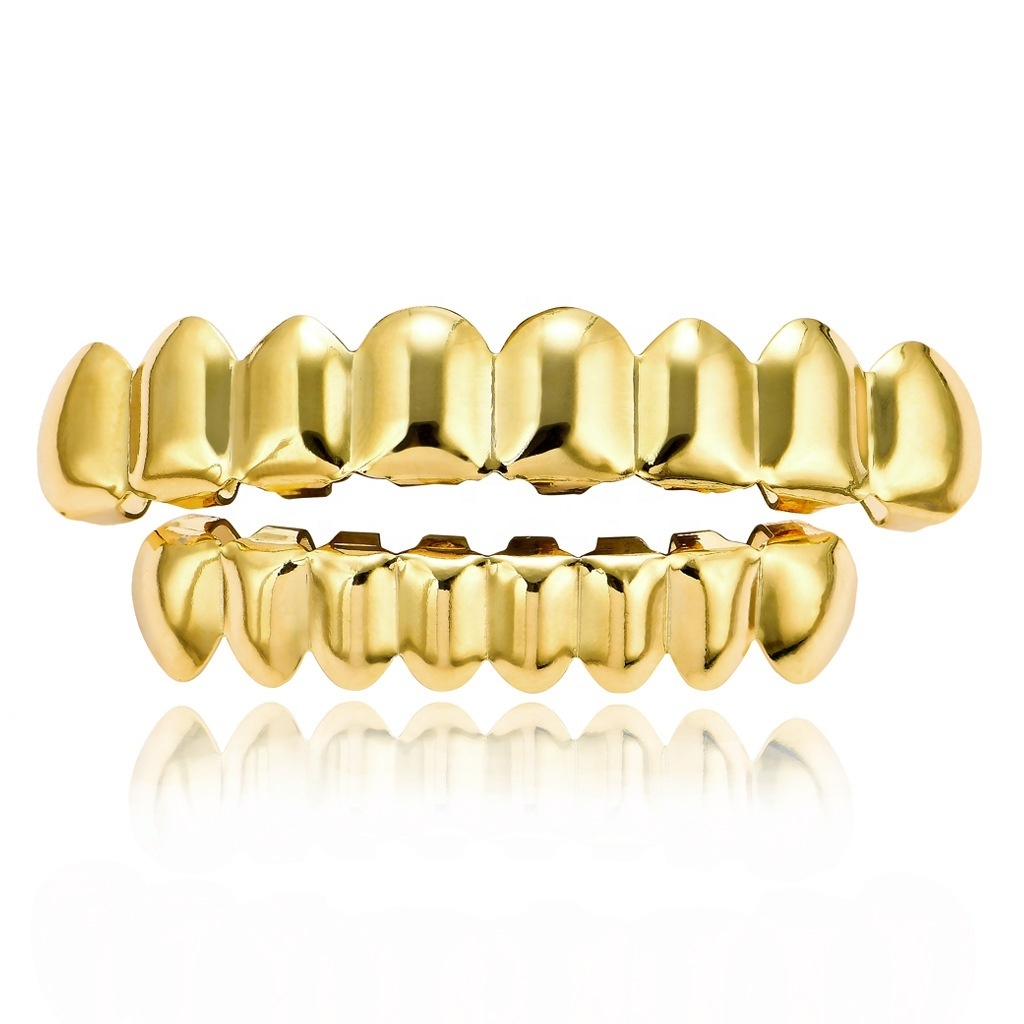 Hip Hop 8 Teeth Top Bottom Grillz Mold Kit Luxury 14K Gold Plated Body Jewelry Gold Teeth Grillz Jewelry for Men and Women