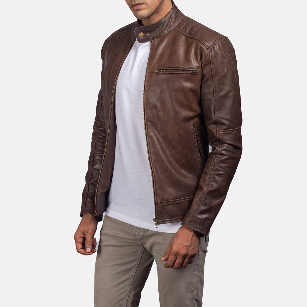 Real Leather Sheepskin Aniline Zipper Dean Brown Men Biker Jacket with Quilted Viscose Lining and Inside Outside Pockets