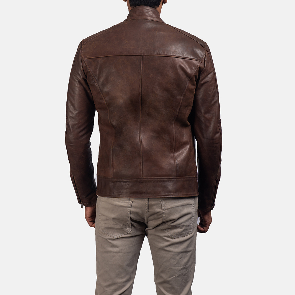 Real Leather Sheepskin Aniline Zipper Dean Brown Men Biker Jacket with Quilted Viscose Lining and Inside Outside Pockets