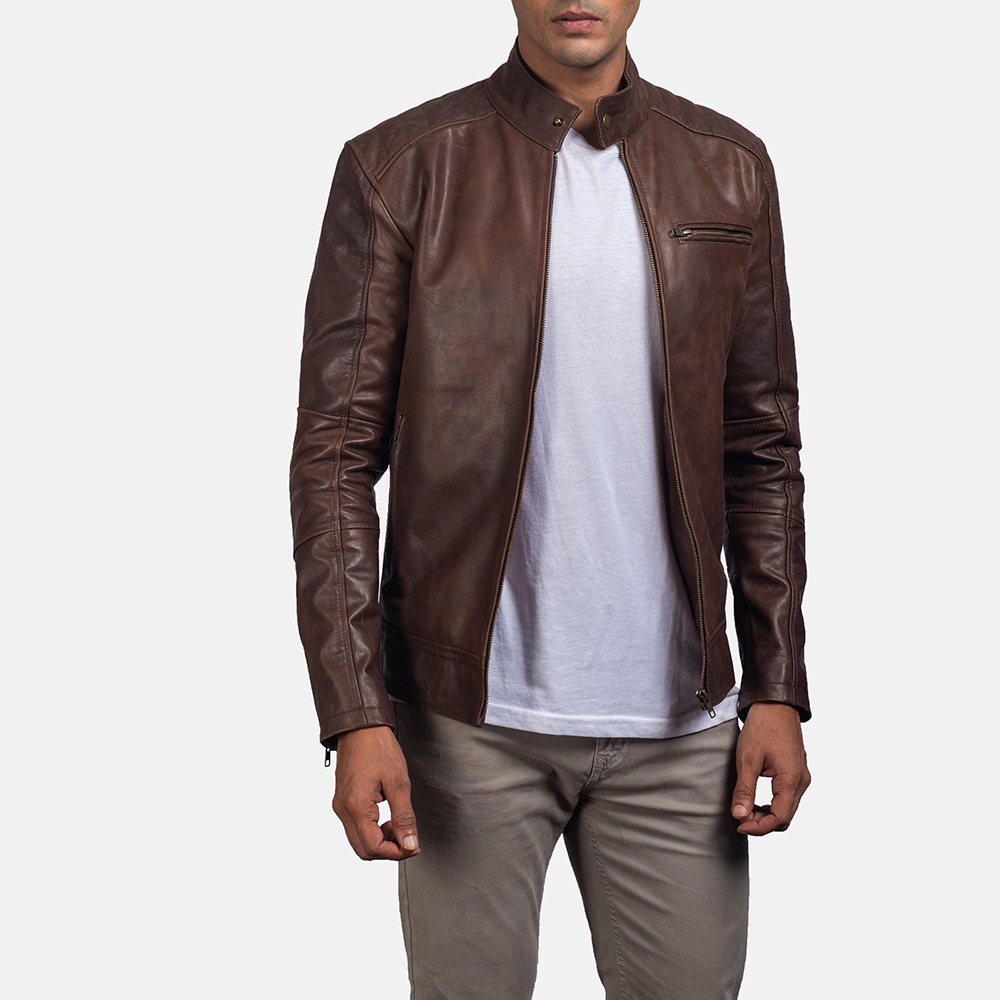 Real Leather Sheepskin Aniline Zipper Dean Brown Men Biker Jacket with Quilted Viscose Lining and Inside Outside Pockets