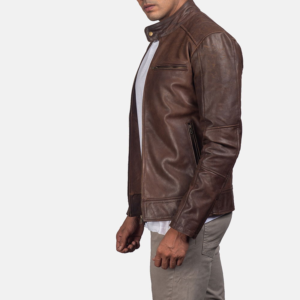 Real Leather Sheepskin Aniline Zipper Dean Brown Men Biker Jacket with Quilted Viscose Lining and Inside Outside Pockets