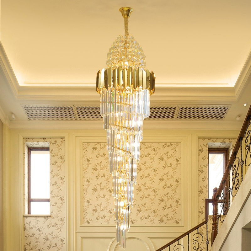 Modern Luxury Indoor Gold Large Round Stairwell Hanging Lighting For Hotel Lobby Staircase Crystal Chandeliers