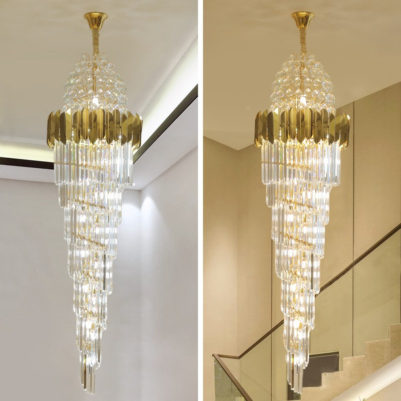 Modern Luxury Indoor Gold Large Round Stairwell Hanging Lighting For Hotel Lobby Staircase Crystal Chandeliers