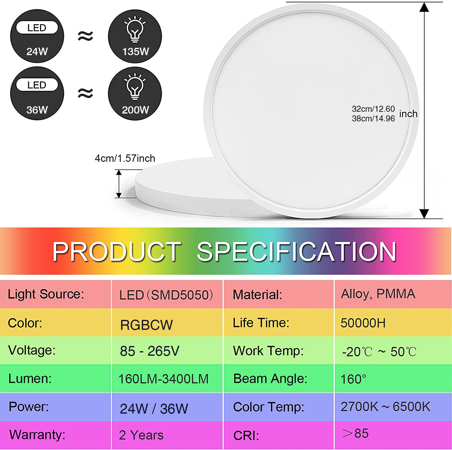 12 Inch 18W 5CCT CRI>90 Dimmable LED Light Fixture Waterproof for Bathroom Laundry Room Bedroom Kitchen LED Ceiling Light