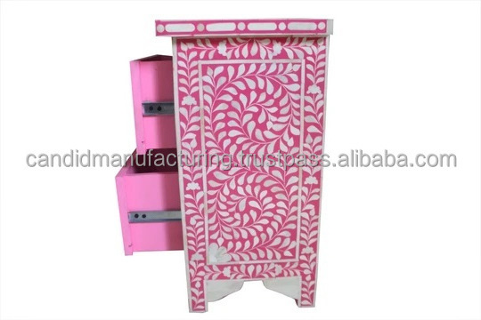 Furniture Manufacturer from India Cheap Price  Indian Handmade  Bone Inlay Bedside Table with 2 Drawers  Deep Pink Floral