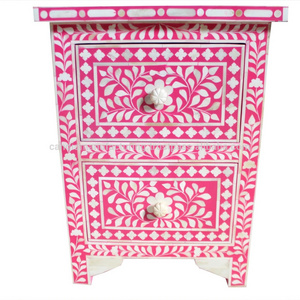 Furniture Manufacturer from India Cheap Price  Indian Handmade  Bone Inlay Bedside Table with 2 Drawers  Deep Pink Floral