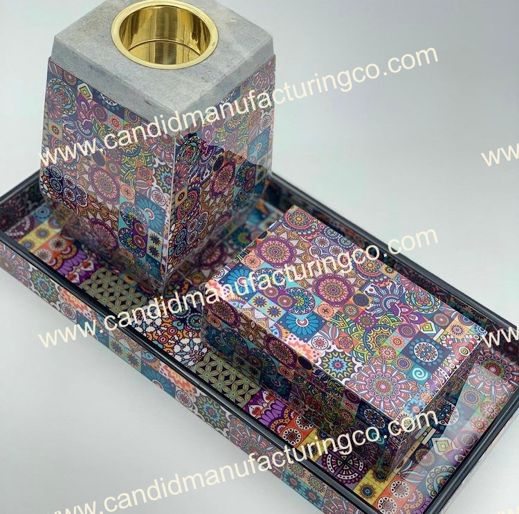 Kuwait Qatar UAE Ramadan Gift  Sticker Print Marvel Mubkhara Box with Tray Set  Bakhoor Burner  Madkhan  Serving Tray