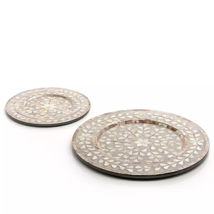 Newest Design Mother of Pearl Charger Plates Set Of 2 Round Shape Wooden Show Under Plate