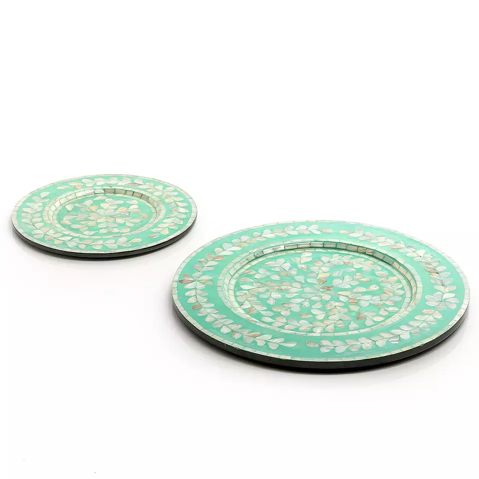 Newest Design Mother of Pearl Charger Plates Set Of 2 Round Shape Wooden Show Under Plate