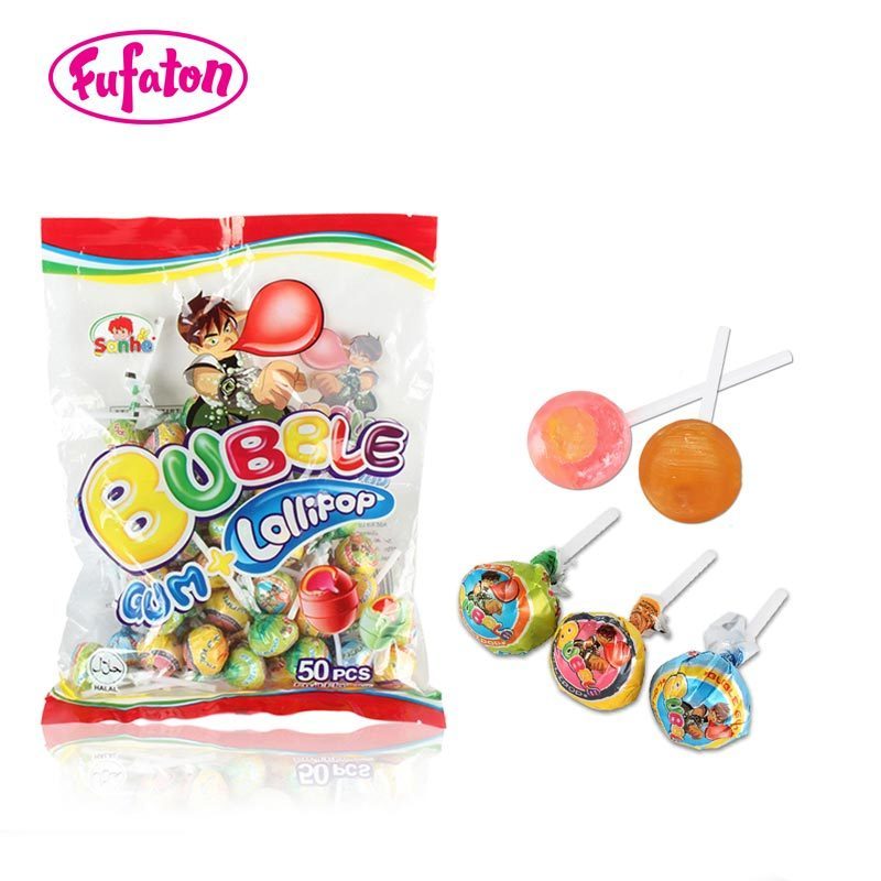 Top selling cheap price colorful fruit flavored big bom bom filled gum ball lollipop