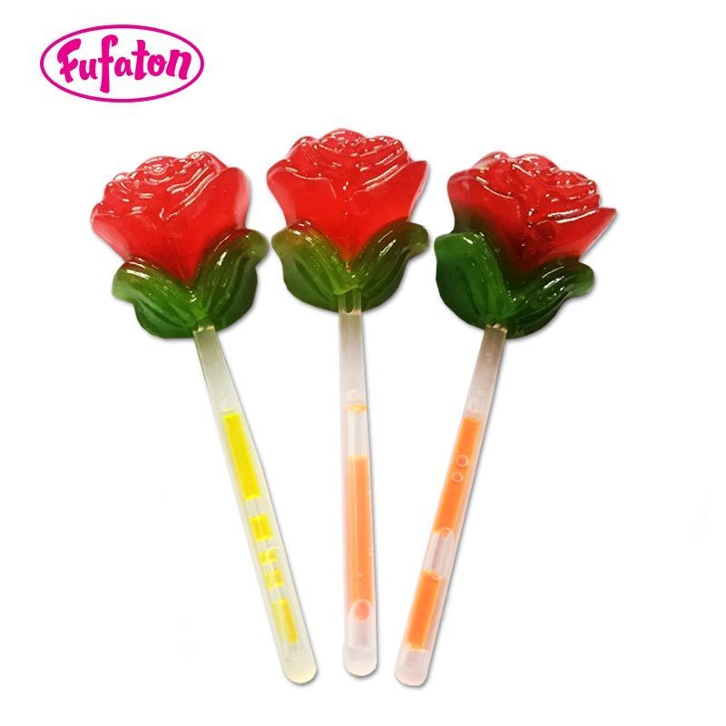 Sweet fruit rose shaped candy fluorescent stick glowing up flashing lollipop