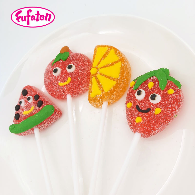 Yummy Colorful Fruits cartoon Shape pectin Jelly gummy Lollipop Sweet Sour Jelly pop candy