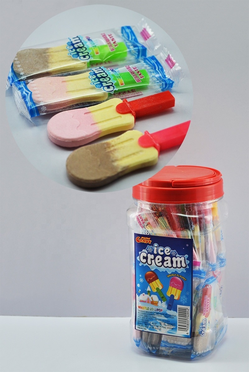 JF5050 Top selling  Pressed Candy  ice cream shaped Dry Eat  Lollipop ice cream candy with whistle toy