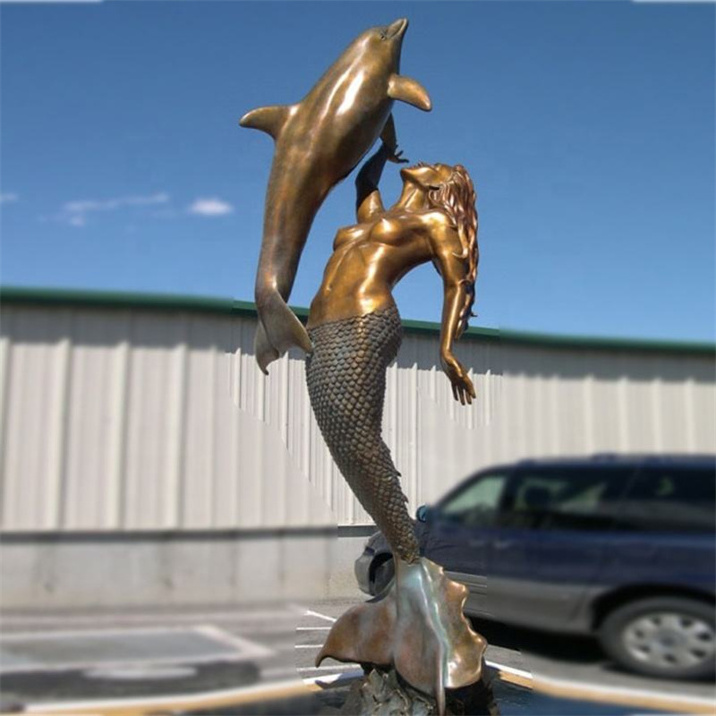 Outdoor Decoration Classic Mermaid Bronze Yemaya Statue Life Size Goddess of The Ocean Sculpture With Bronze Dolphin Statue