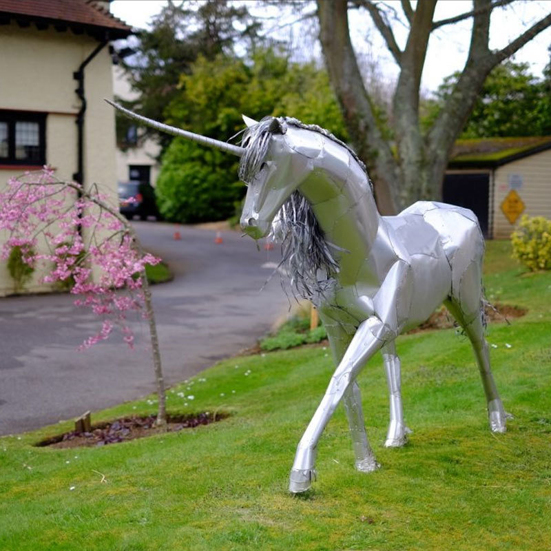 Modern large Garden Mirror Polish Life Size stainless steel unicorn sculpture statue