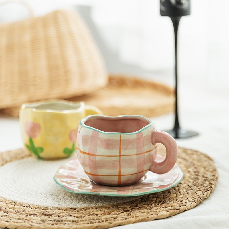 Hand-painted blue sky and white clouds coffee cup with saucer ceramic handmade tea cup and saucer set for her cute gift