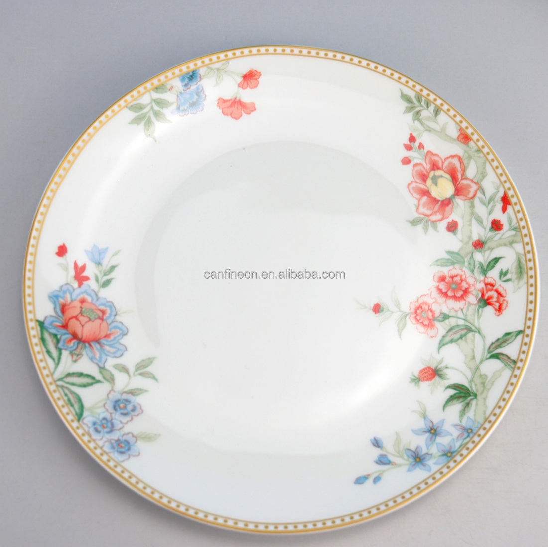 High quality Restaurant Flower Decal Printed Ceramic Gold Rim Plates