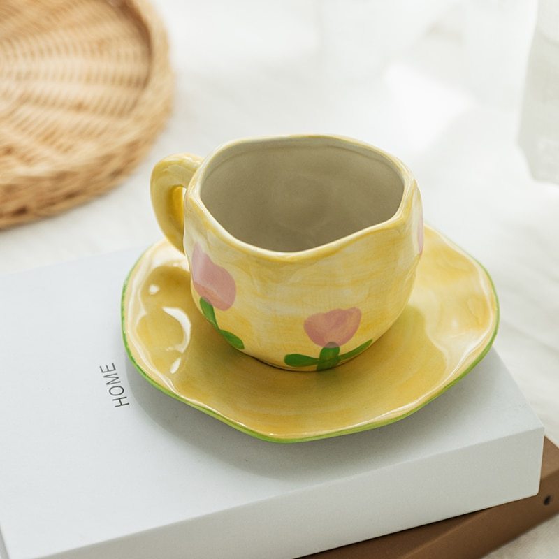 Hand-painted blue sky and white clouds coffee cup with saucer ceramic handmade tea cup and saucer set for her cute gift