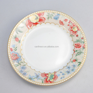 High quality Restaurant Flower Decal Printed Ceramic Gold Rim Plates