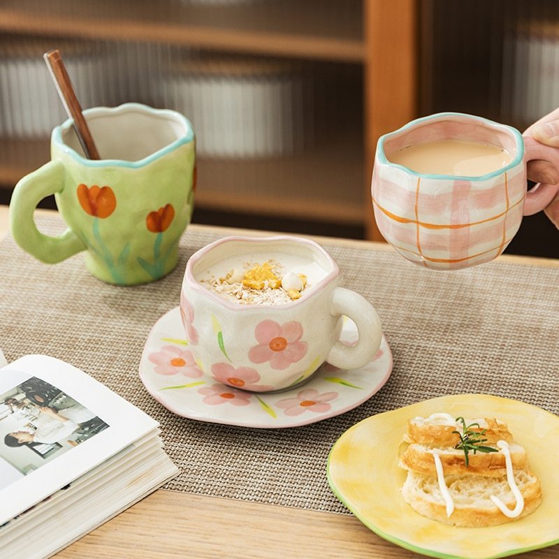 Hand-painted blue sky and white clouds coffee cup with saucer ceramic handmade tea cup and saucer set for her cute gift